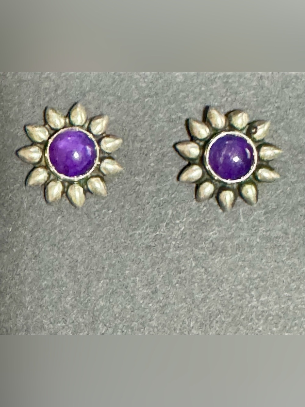 Sterling Silver (925) Cabochon Amethyst Sunburst Stud Earrings